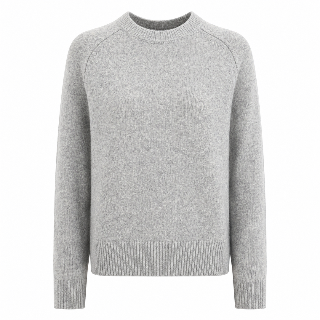 Basic Sweater von Handmade aus weichem Kaschmir-Seide-Mix mit Rundhalsausschnitt, langen Ärmeln und Rippbündchen, erhältlich in Braun, Grau und Beige.