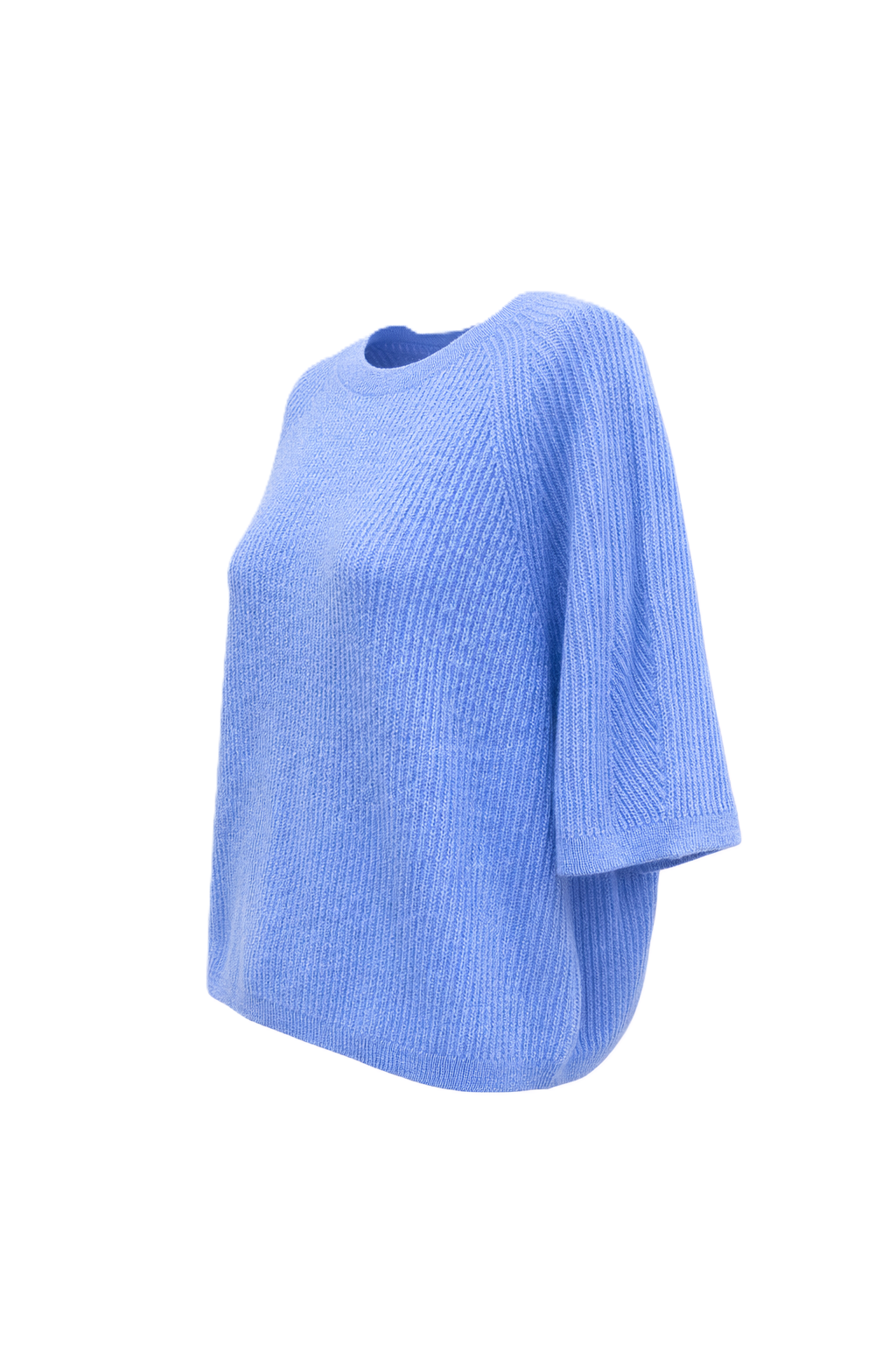 Handgemachter Stickpullover von Handmade mit halblangen Ärmeln und Rundhalsausschnitt. Aus weicher Kaschmir Seide Qualität in blau, passend zu Frühling und Sommer Outfits.