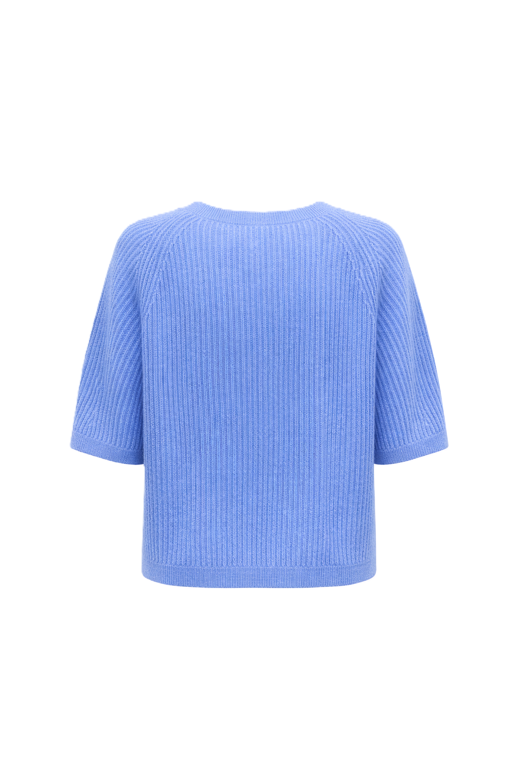 Handgemachter Stickpullover von Handmade mit halblangen Ärmeln und Rundhalsausschnitt. Aus weicher Kaschmir Seide Qualität in blau, passend zu Frühling und Sommer Outfits.