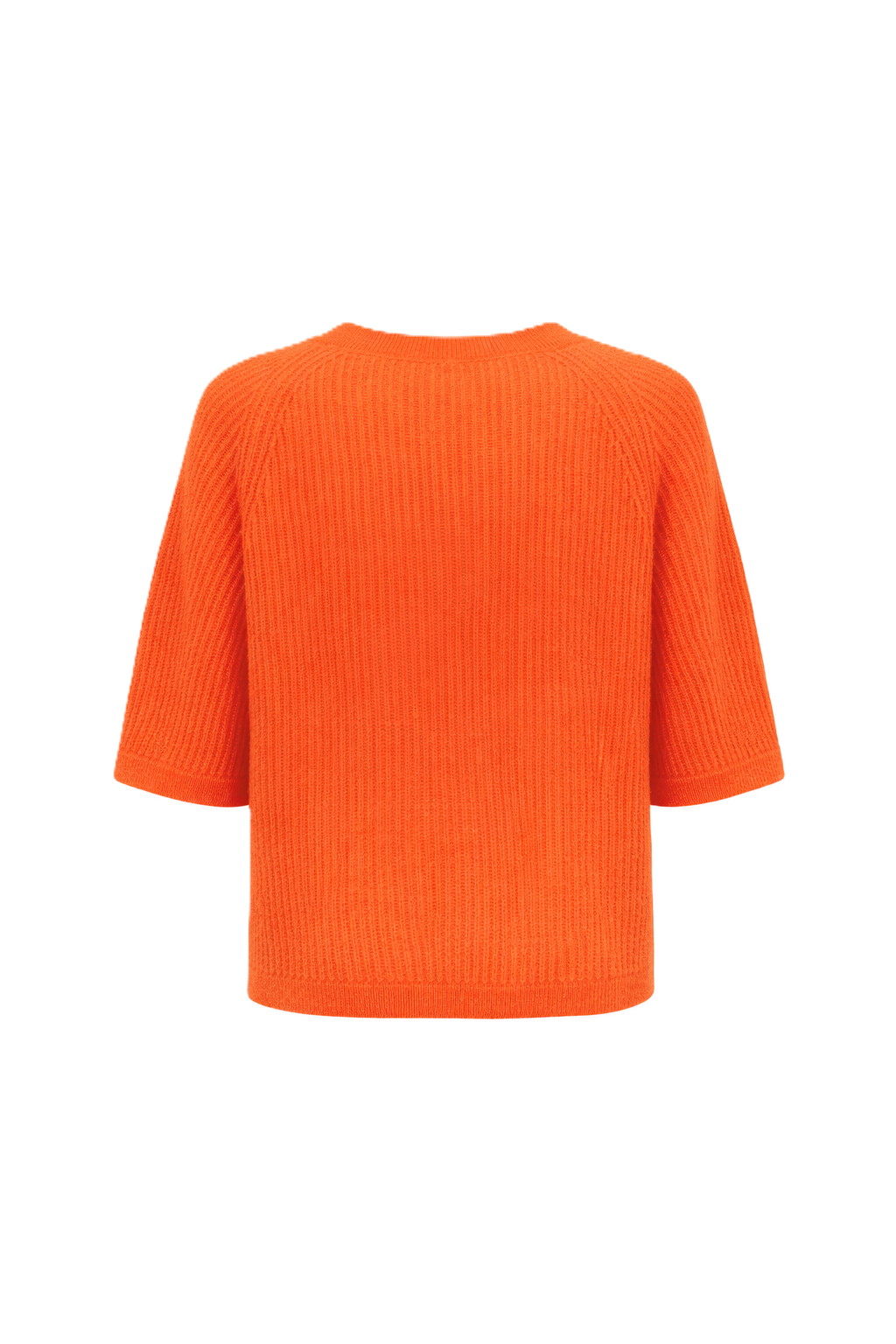 Handgemachter Stickpullover von Handmade mit halblangen Ärmeln und Rundhalsausschnitt. Aus weicher Kaschmir Seide Qualität in korall-orange, passend zu Frühling und Sommer Outfits.