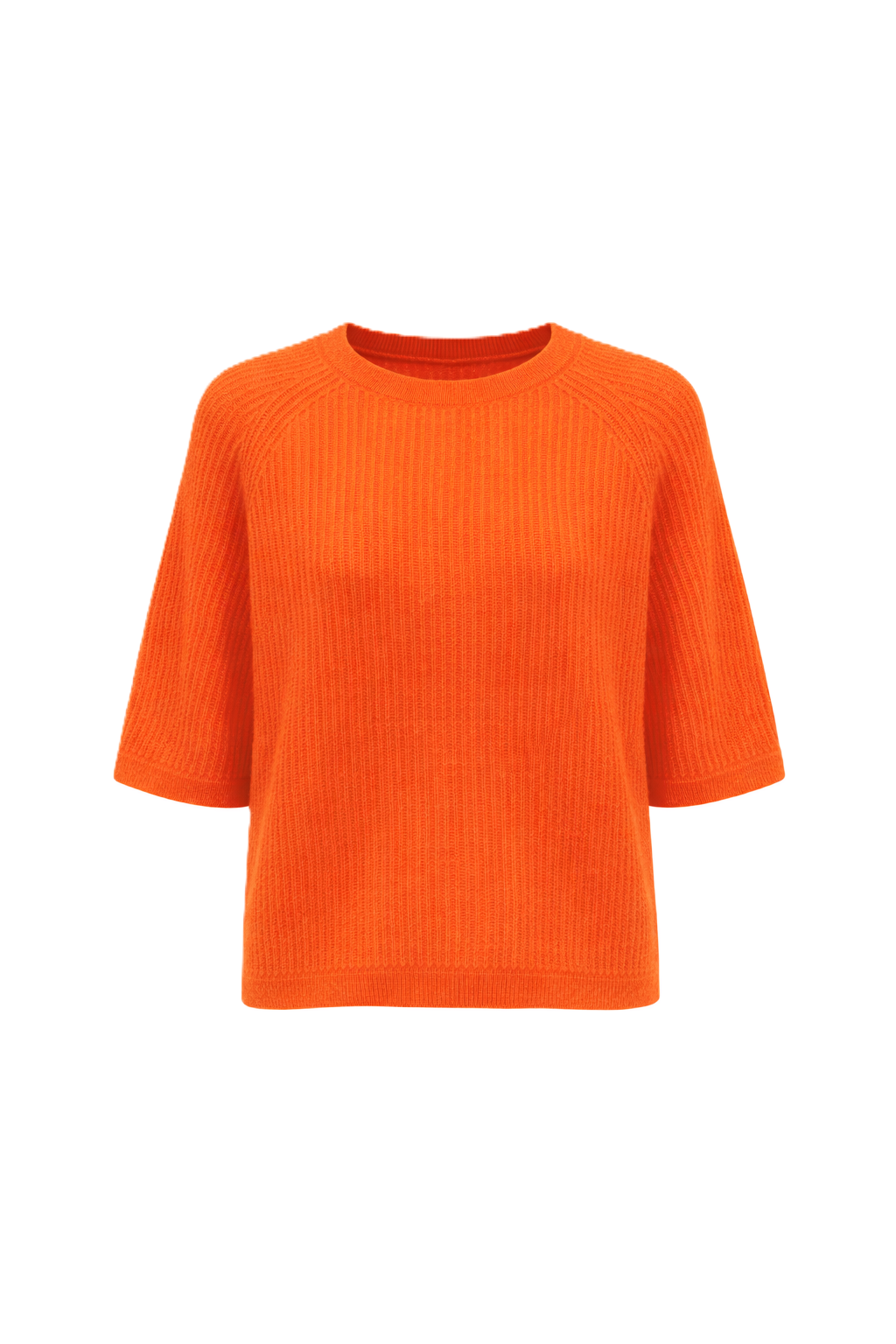 Handgemachter Stickpullover von Handmade mit halblangen Ärmeln und Rundhalsausschnitt. Aus weicher Kaschmir Seide Qualität in korall-orange, passend zu Frühling und Sommer Outfits.