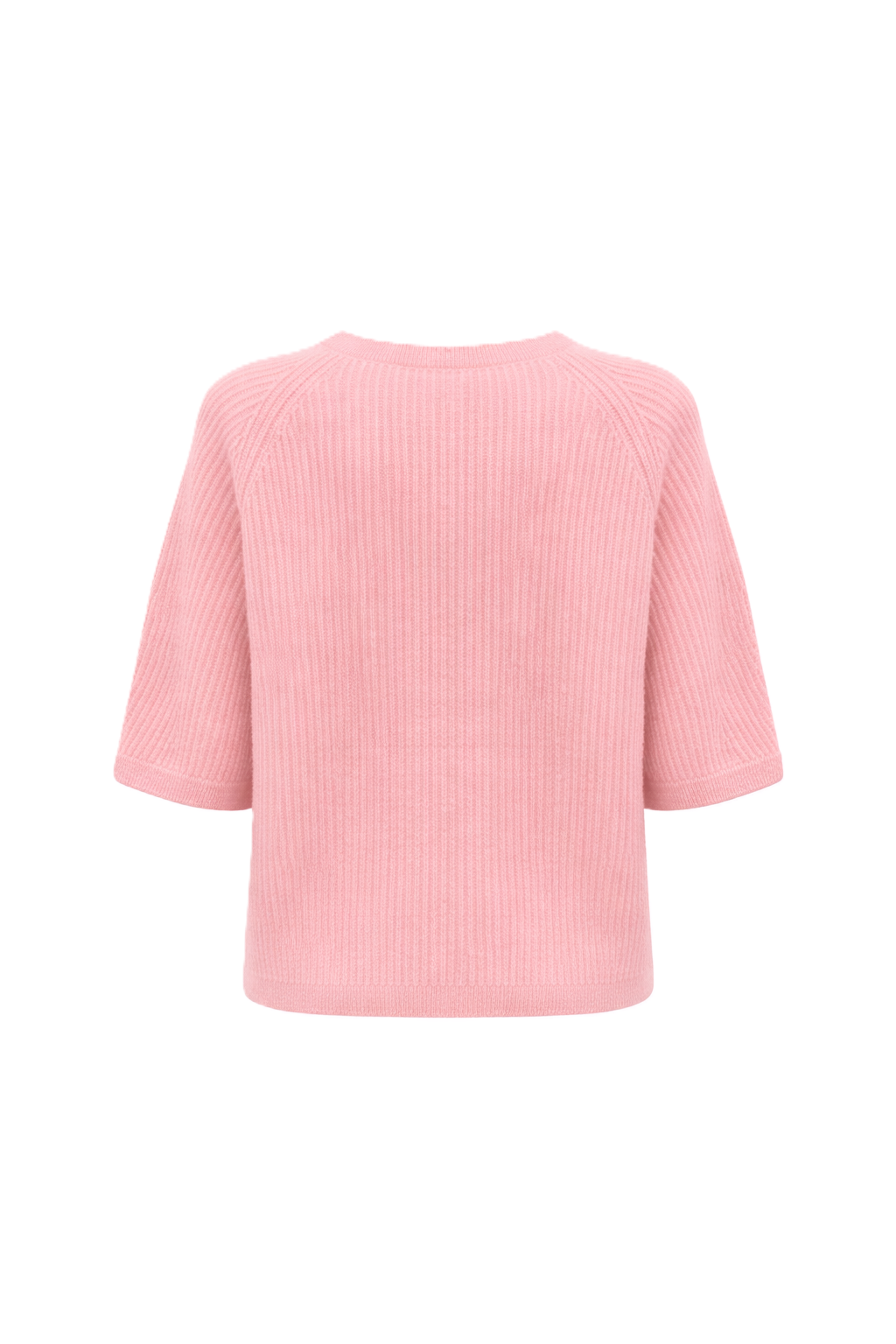 Handgemachter Stickpullover von Handmade mit halblangen Ärmeln und Rundhalsausschnitt. Aus weicher Kaschmir Seide Qualität in zartem rosa, passend zu Frühling und Sommer Outfits.