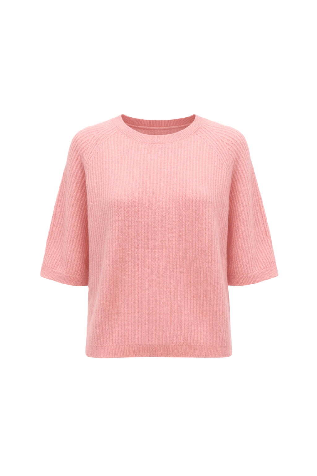 Handgemachter Stickpullover von Handmade mit halblangen Ärmeln und Rundhalsausschnitt. Aus weicher Kaschmir Seide Qualität in zartem rosa, passend zu Frühling und Sommer Outfits.