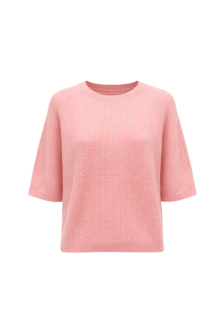 Handgemachter Stickpullover von Handmade mit halblangen Ärmeln und Rundhalsausschnitt. Aus weicher Kaschmir Seide Qualität in zartem rosa, passend zu Frühling und Sommer Outfits.