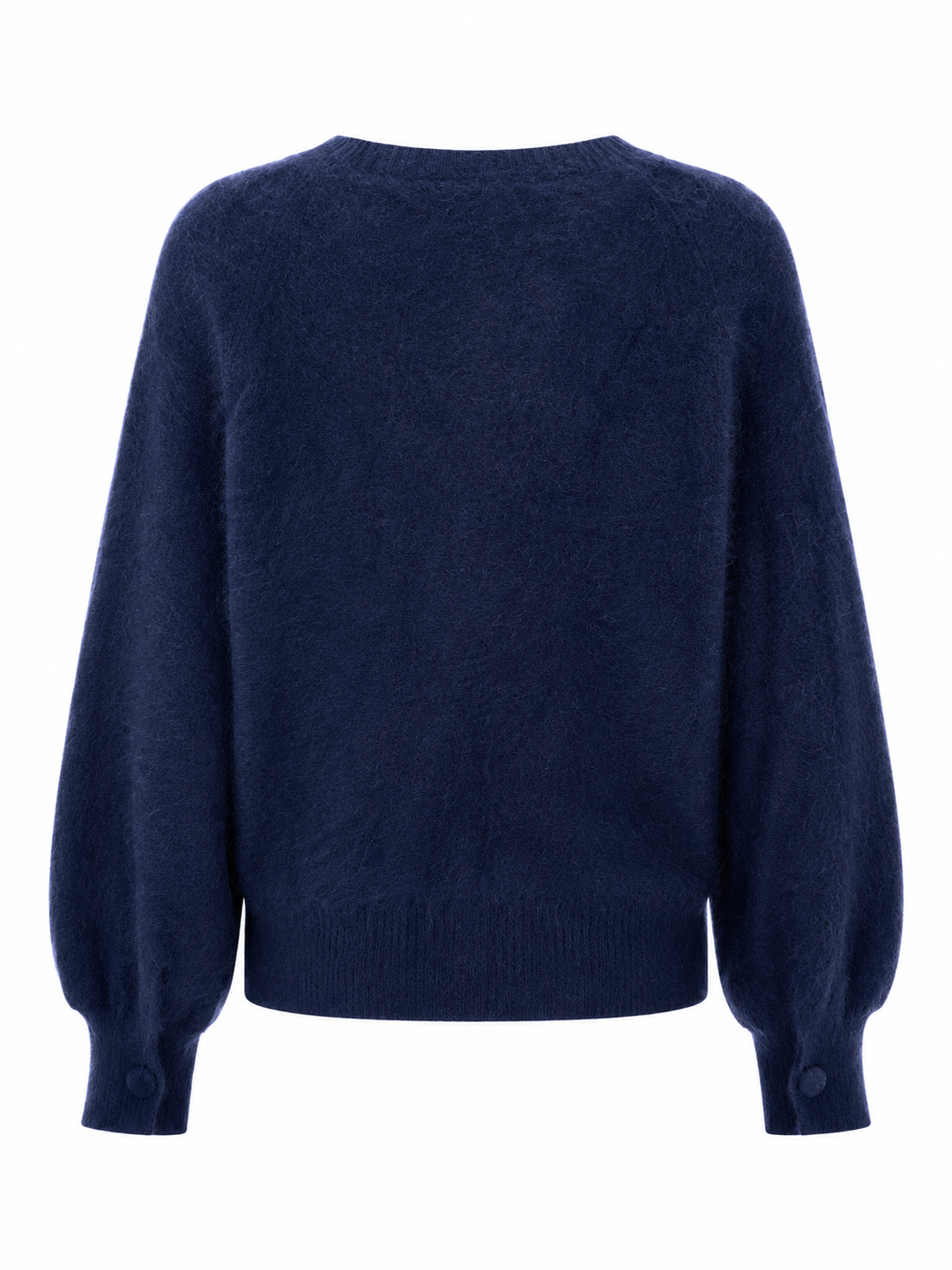 Der Kaschmir-Wolle Pullover von der Marke Herzens hat lange Ballonärmel. Er hat einen Rundhalsausschnitt und ist in der Farbe Dunkelblau.