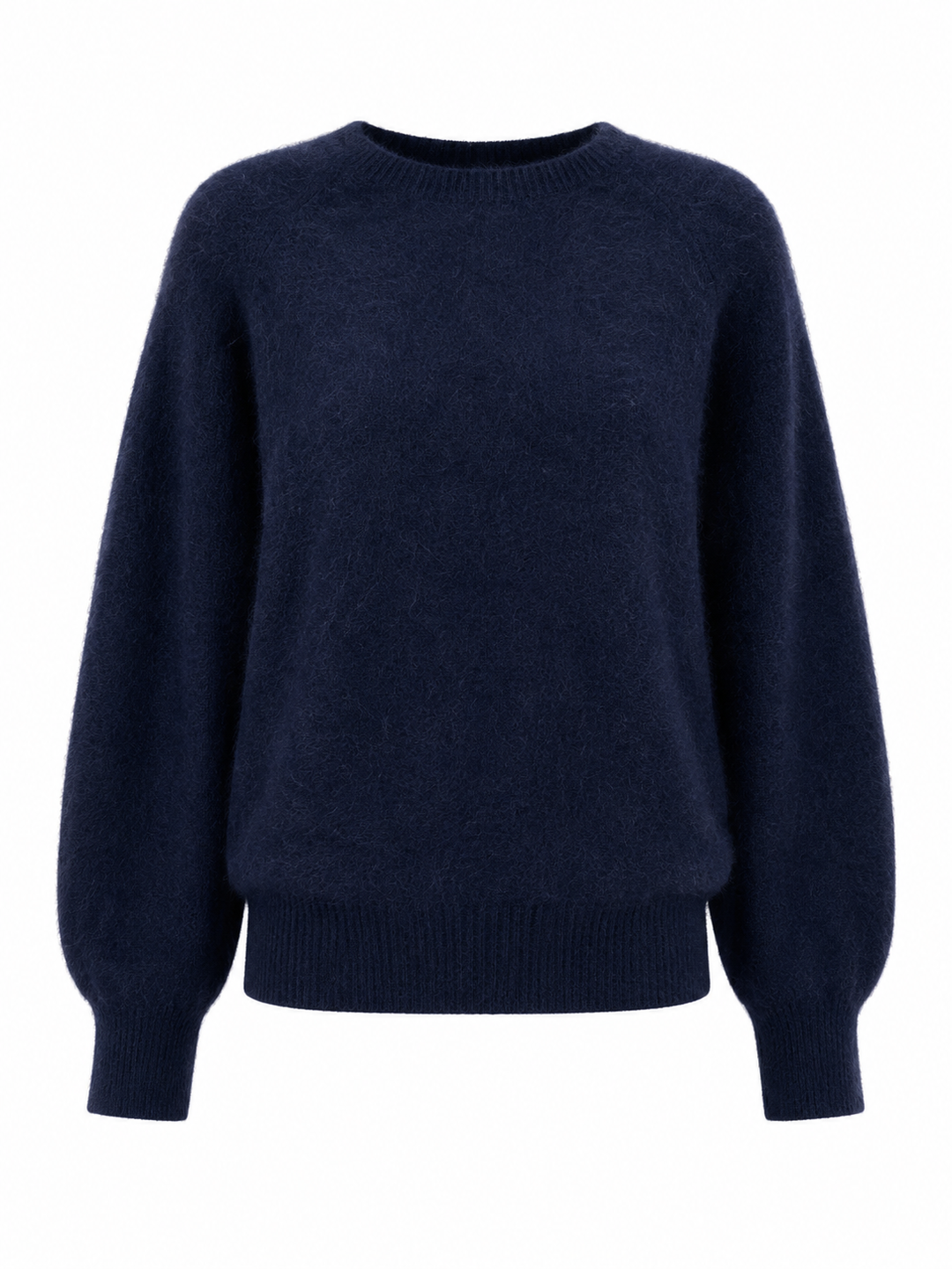 Der Kaschmir-Wolle Pullover von der Marke Herzens hat lange Ballonärmel. Er hat einen Rundhalsausschnitt und ist in der Farbe Dunkelblau.