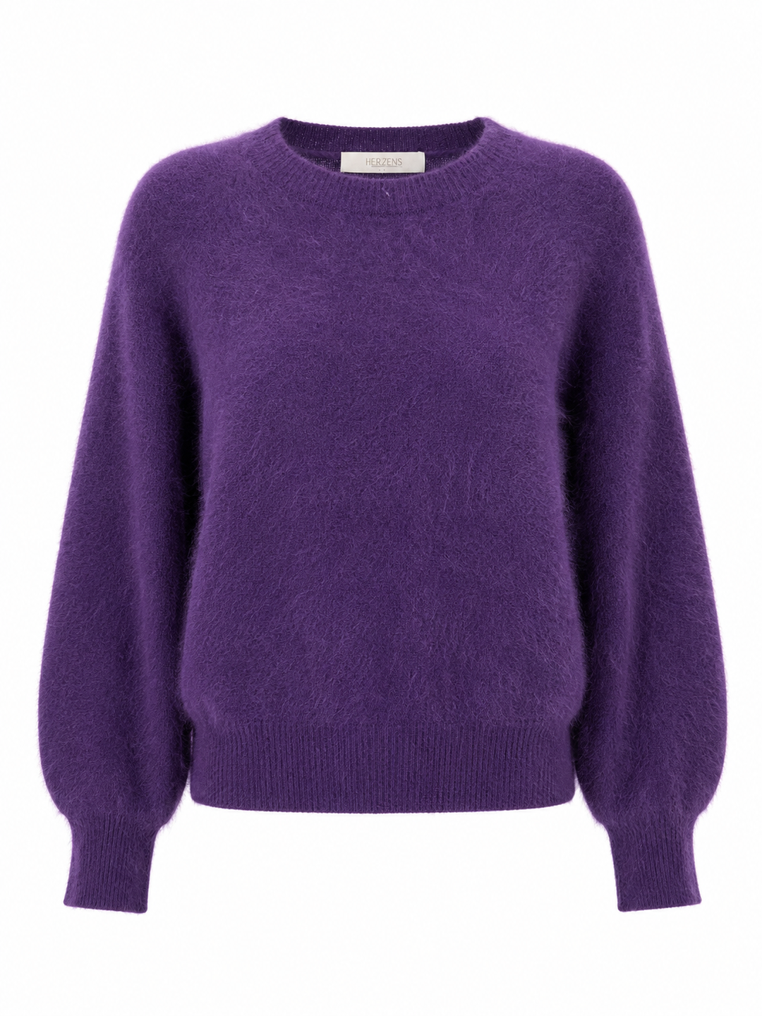 Der Kaschmir-Wolle Pullover von der Marke Herzens hat lange Ballonärmel. Er hat einen Rundhalsausschnitt und ist in der Farbe Lila.