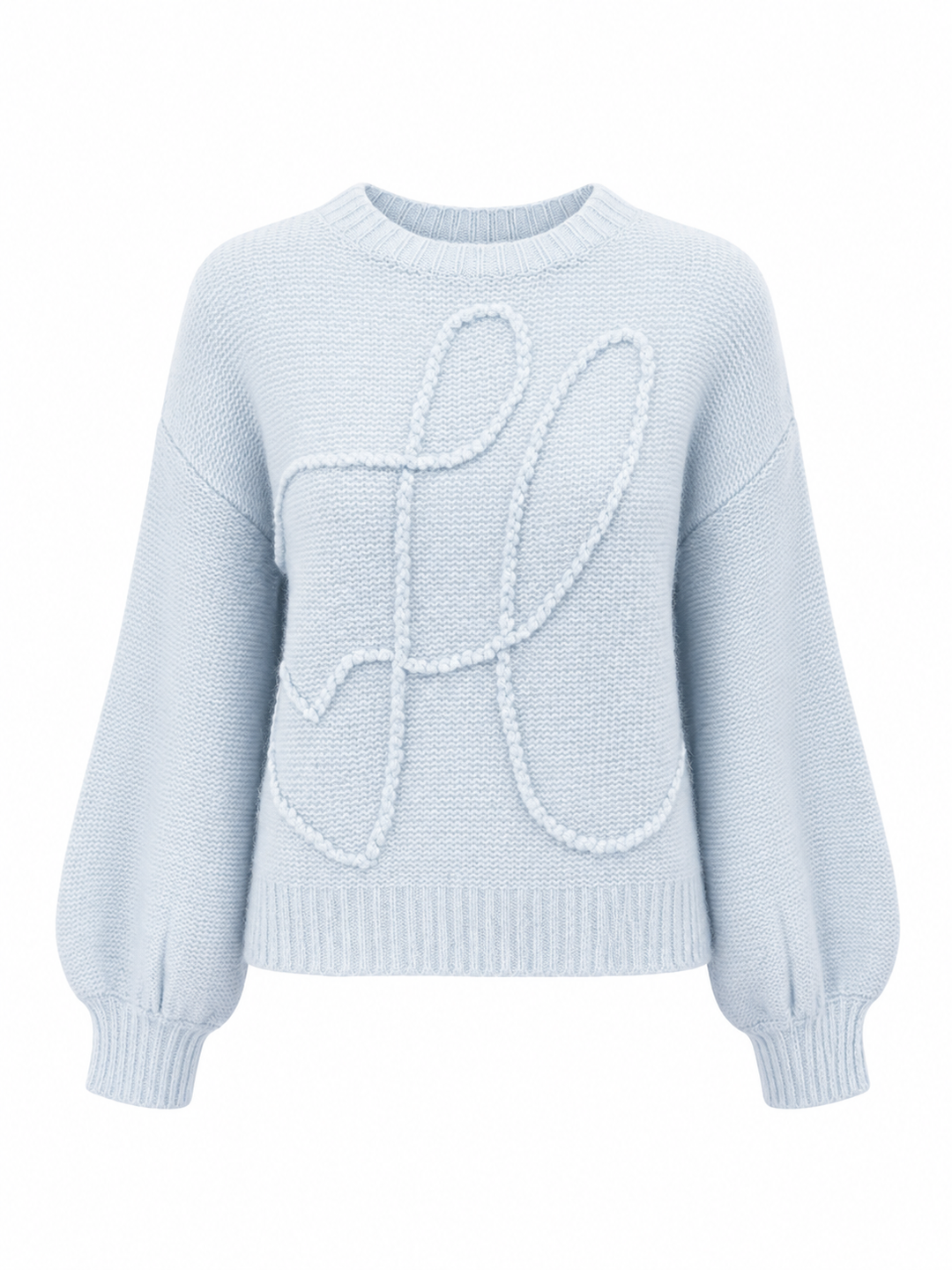 Pullover Herzens BELLA in hellblau. Dieser Pullover ist ein besonderes Highlight. Auf der Vorderseite ist ein zartes Logo eingestickt. Der Pullover hat einen Rundhalsausschnitt und Trompetenärmel. Die Schulter ist leicht überschnitten. Die Abschlüsse haben Rippbündchen. 