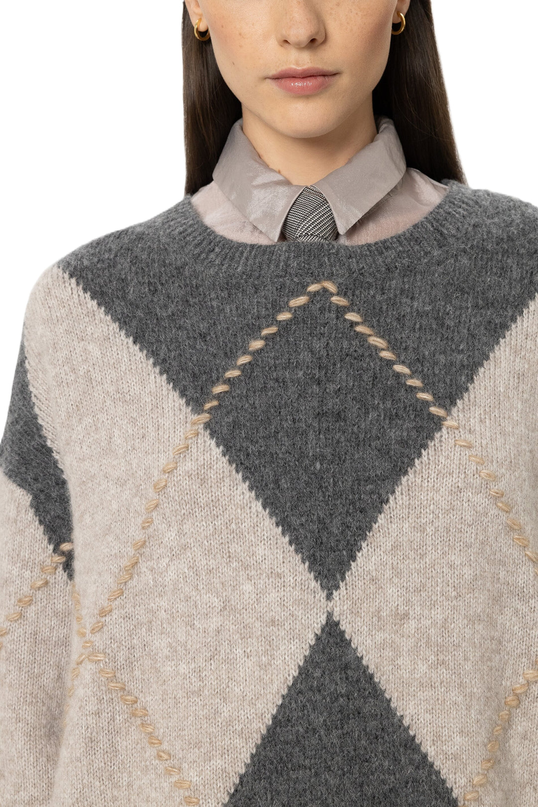 Pullover Luisa Cerano in Multi Grau. Rundhals-Pullover aus extra weicher Alpaka-Mischung ist dank des Airspun-Verfahrens besonders leicht und angenehm zu tragen. Im Macro-Argyle-Design.