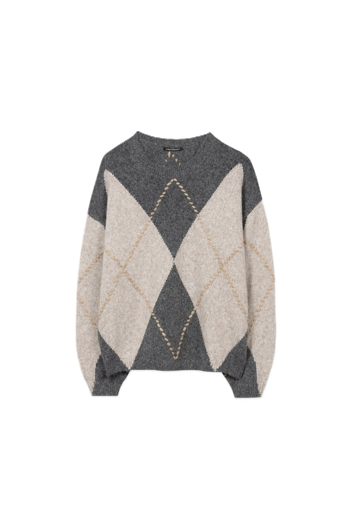 Pullover Luisa Cerano in Multi Grau. Rundhals-Pullover aus extra weicher Alpaka-Mischung ist dank des Airspun-Verfahrens besonders leicht und angenehm zu tragen. Im Macro-Argyle-Design.