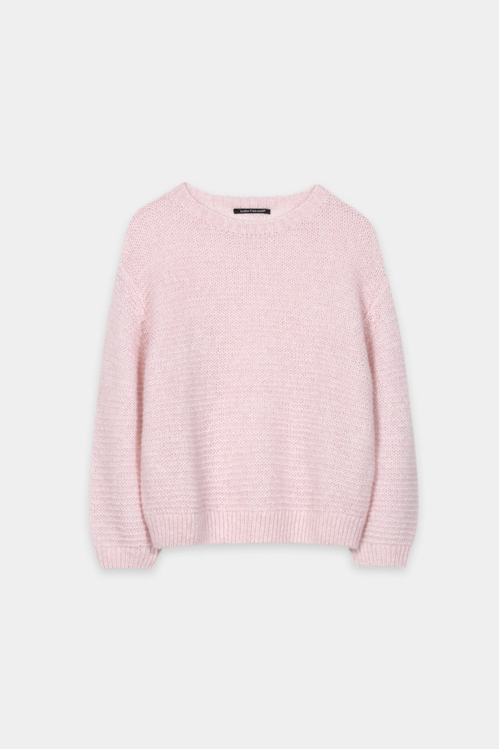 Pullover von Luisa Cerano in rosa mit offener Struktur. Rundhals mit Alpaka in rosa.