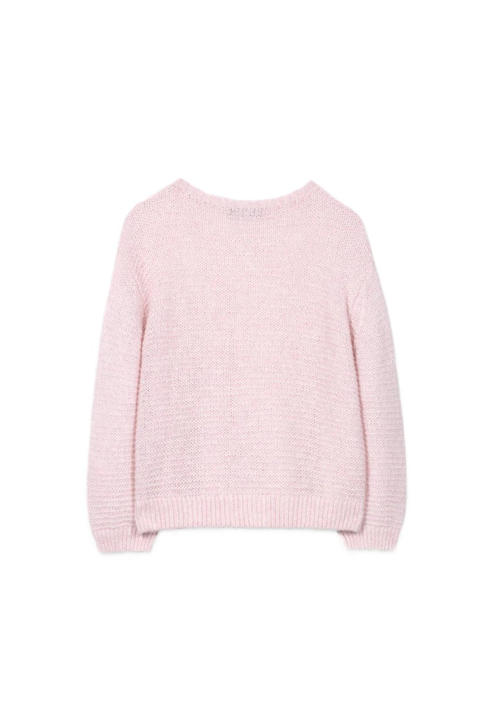 Pullover von Luisa Cerano in rosa mit offener Struktur. Rundhals mit Alpaka in rosa.