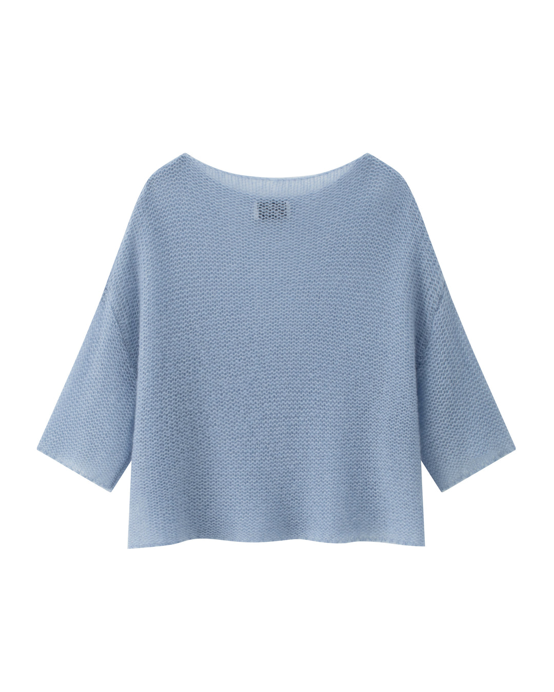 Pullover Lu Ren Bene Kaschmir Seide. Sehr weicher Strick mit Rundhalsausschnitt und 3/4 Ärmeln in locker gestrickter Ware in mittelblau. 