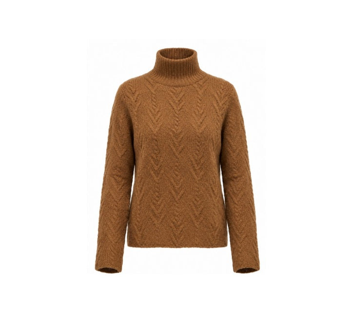 Pullover LUREN EASTON in Chocolate Cremoso Zimt Braun aus edlem Kaschmir-Seide-Mix mit dezenter Strickstruktur. Der moderne Turtleneck, lange Ärmel und der gerade Saum unterstreichen das zeitlose, elegante Design