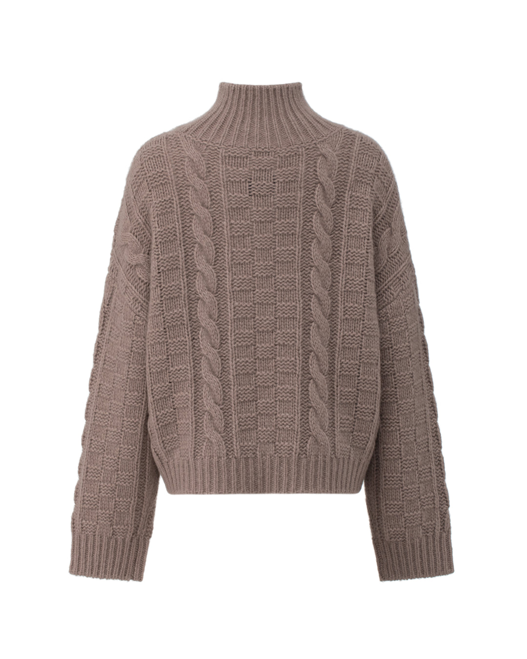 Beige-brauner Pullover JADE von Luren aus Kaschmir-Seide mit Zopfstrick, Oversize-Passform und hohem Stehkragen.