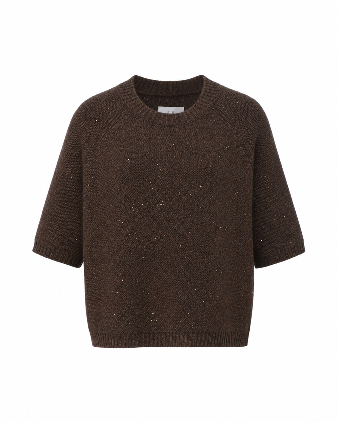 Brauner Strickpullover MILAS von Luren aus Kaschmir-Seide mit eingearbeiteten Pailletten, Rundhalsausschnitt und Halbarm.