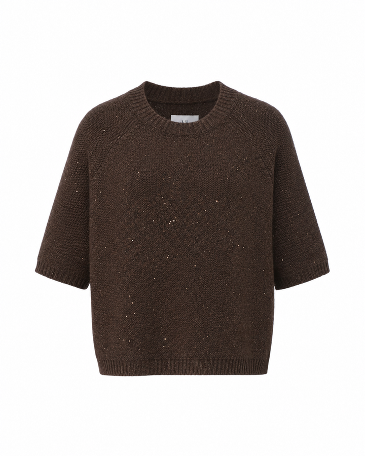 Brauner Strickpullover MILAS von Luren aus Kaschmir-Seide mit eingearbeiteten Pailletten, Rundhalsausschnitt und Halbarm.