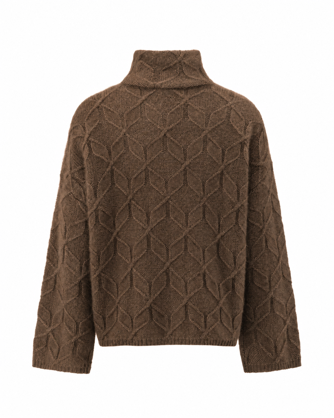 Brauner Strickpullover MYTH von Luren aus Kaschmir-Seide mit grafischem Zopfstrick, Oversize-Passform und hohem doppeltem Rollkragen.