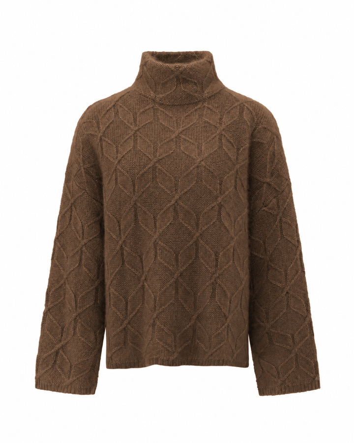 Brauner Strickpullover MYTH von Luren aus Kaschmir-Seide mit grafischem Zopfstrick, Oversize-Passform und hohem doppeltem Rollkragen.