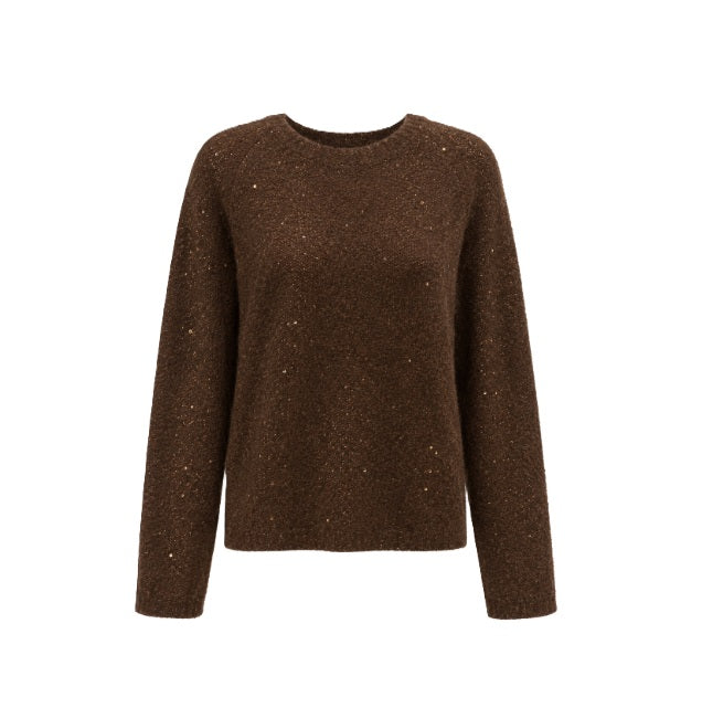 Pullover LUREN VERAN in Echo Braun aus edlem Kaschmir-Seide-Mix mit feinen goldenen Pailletten im Strick. Der klassische Turtleneck und die langen Ärmel unterstreichen das zeitlose, elegante Design mit dezentem Glanz.