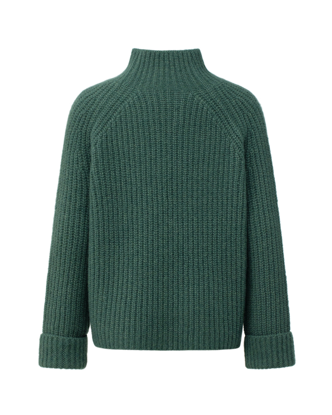 Emerald-grüner Strickpullover YUNA von Luren aus Kaschmir-Seide mit Stehkragen, Raglanärmeln und lockerer, leicht verkürzter Passform.