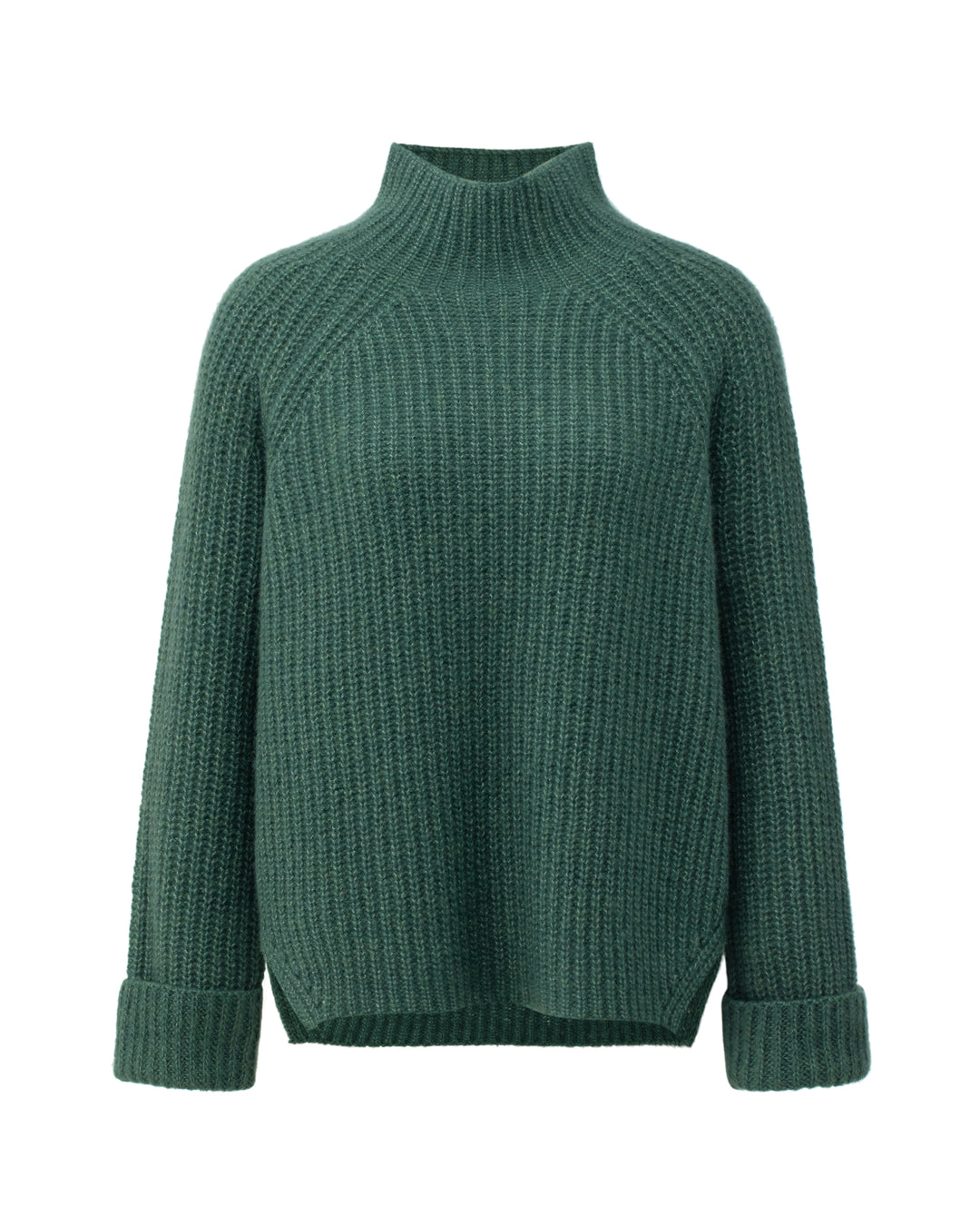 Emerald-grüner Strickpullover YUNA von Luren aus Kaschmir-Seide mit Stehkragen, Raglanärmeln und lockerer, leicht verkürzter Passform.