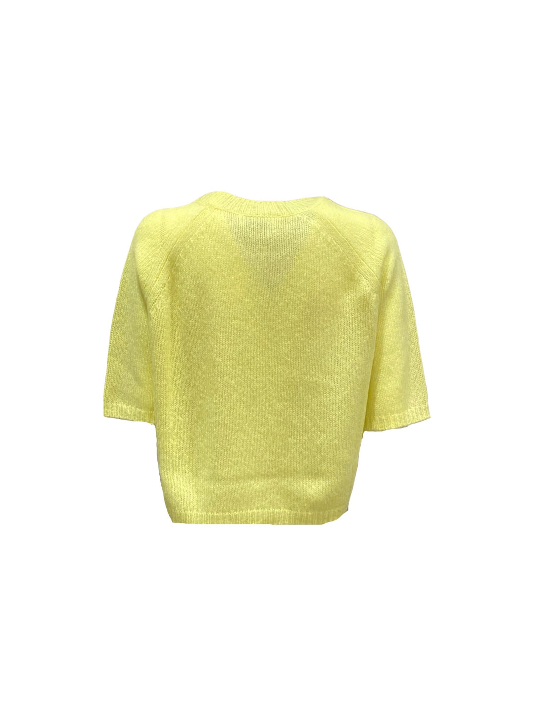 Strickpullover Lu Ren Shii aus Kaschmir und Seide. Der Pullover ist cropped geschnitten und hat einen Kurzarm. Rundhalsausschnitt und tolle leichte Ware in gelb. 