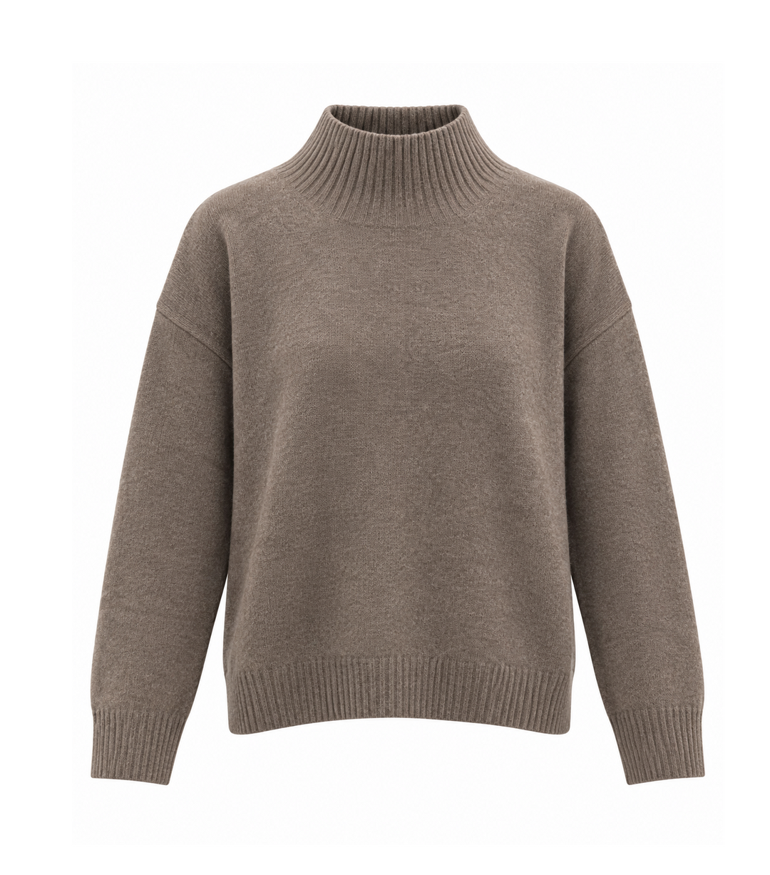 Brauner Strickpullover SMMNOCINO von S Max Mara aus 100 % weicher Yakwolle mit hohem Kragen, langen Ärmeln und schmalen Rippstrickbündchen