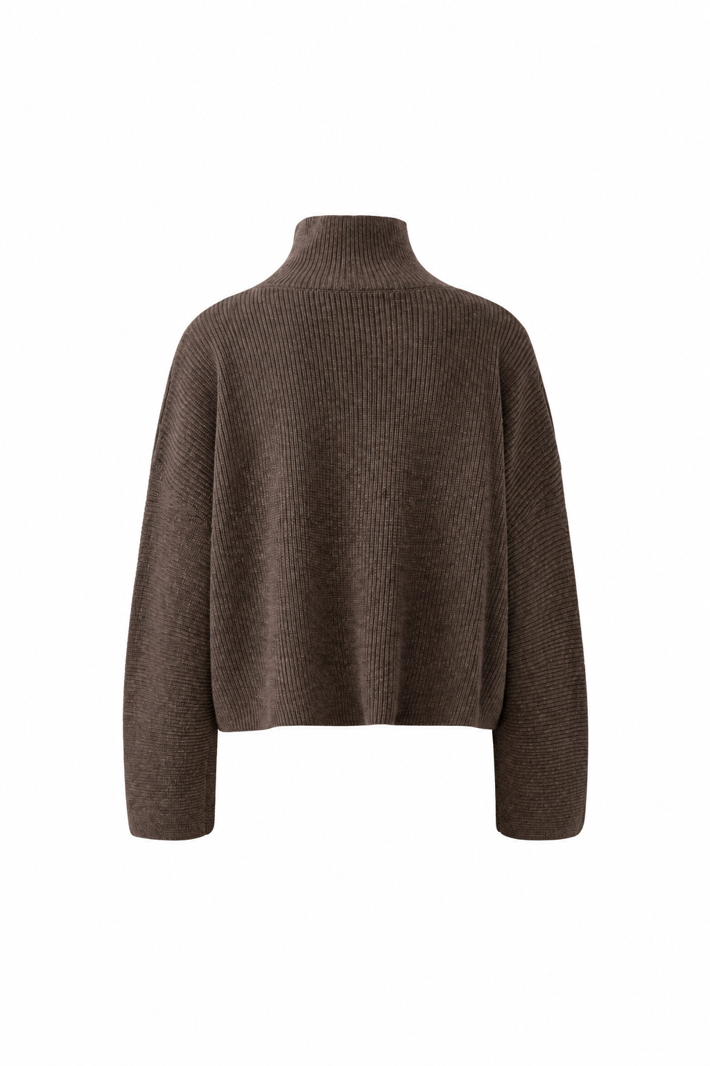 Pullover Oui in taupe mel. Weiche Wolle-Modalmischung in Rippenstrickoptik mit Strukturmix. Oversized und kastig geschnitten mit verkürzter Länge. Stehkragen und stark überschnittene Schultern mit langen Ärmeln. Horizontal gestrickte Einsätze und aufgesetzte Taschen.