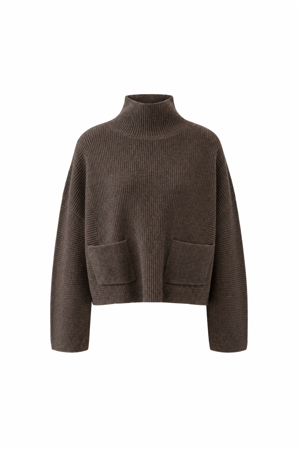 Pullover Oui in taupe mel. Weiche Wolle-Modalmischung in Rippenstrickoptik mit Strukturmix. Oversized und kastig geschnitten mit verkürzter Länge. Stehkragen und stark überschnittene Schultern mit langen Ärmeln. Horizontal gestrickte Einsätze und aufgesetzte Taschen.