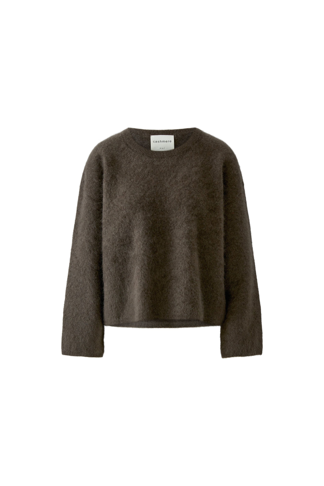 Pullover von Oui aus 100% Kaschmir in Brushed-Optik mit Rundhalsausschnitt und verkürztem Boxy Fit in Braun.