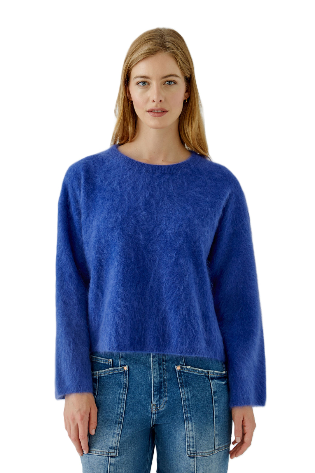 Pullover von Oui aus 100% Kaschmir in Brushed-Optik mit Rundhalsausschnitt und verkürztem Boxy Fit in Blau.