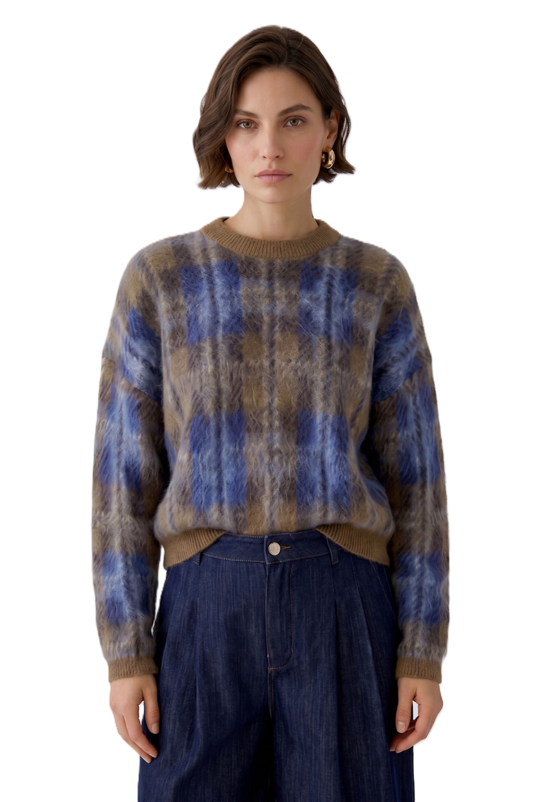 Pullover von Oui mit Karomuster aus Wolle-Mohair-Mix in Brushed-Optik mit oversized und verkürzter Passform.