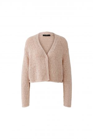 Jacke Oui. Schöne Strickjacke mit Bändchengarn und einem Knopf und V-Ausschnitt.Die Jacke ist rosa und besteht aus Baumwolle. 