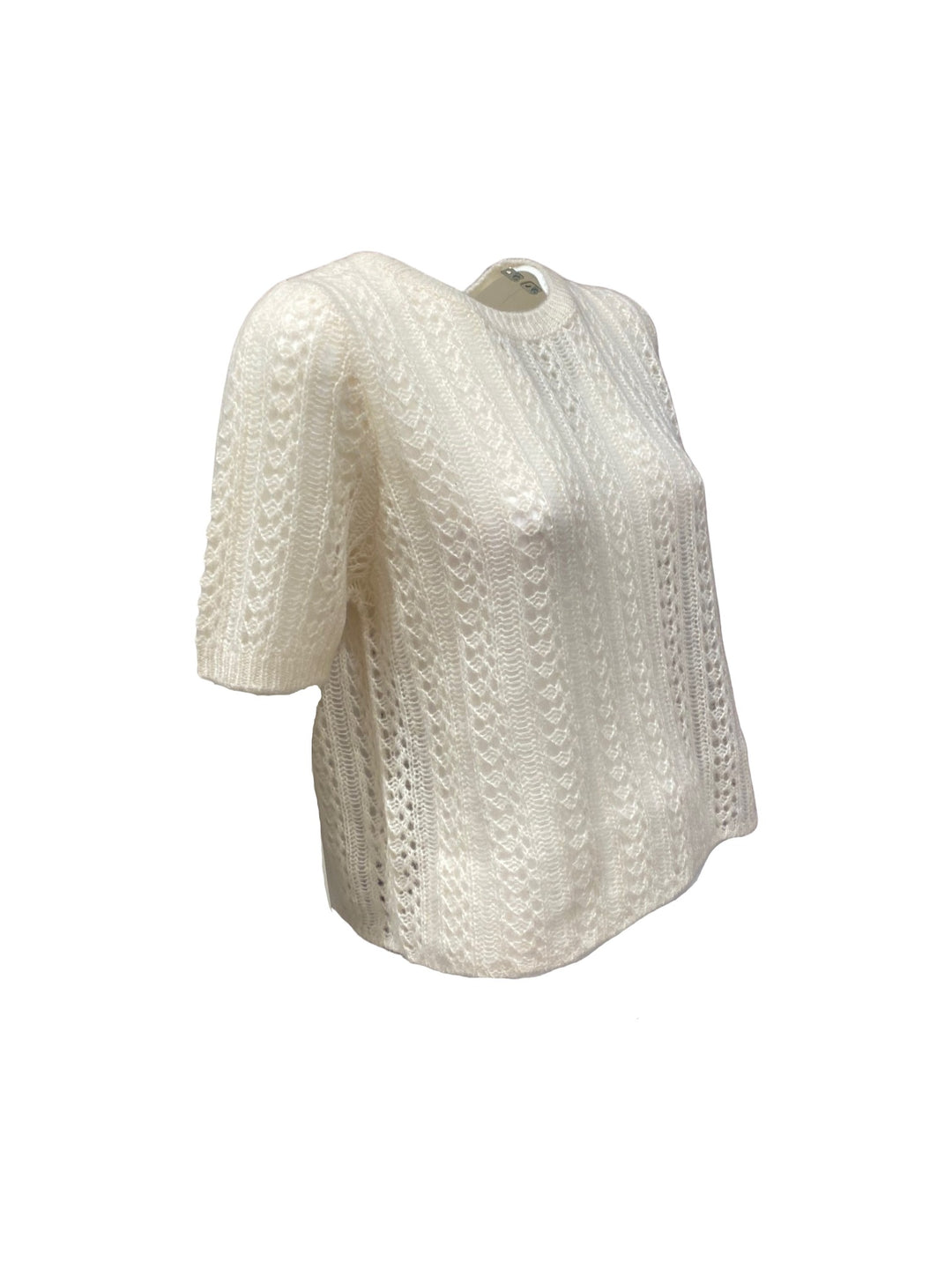 Pullover Lu Ren Sakura Ajourstrick mit Kurzarm in ecru. Der Pullover ist leicht transparent. Der Pullover hat einen Rundhalsausschnitt und besteht aus Cashmere Seide. 