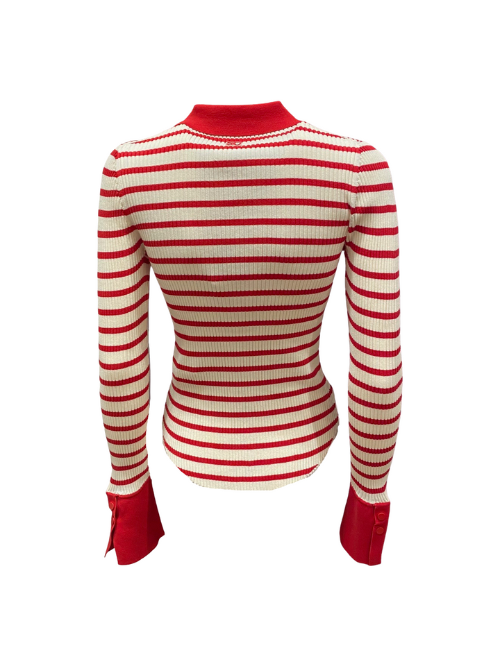 Pullover Semicouture POLO AIDA rot/weiß. Schmaler Rippenpullover mit Polokragen und halber Knopfleiste. Die Manschette ist dunkelblau und leicht aus ausgestellt. Der Pullover ist rot/ecru gestreift und ist sehr dehnbar. 