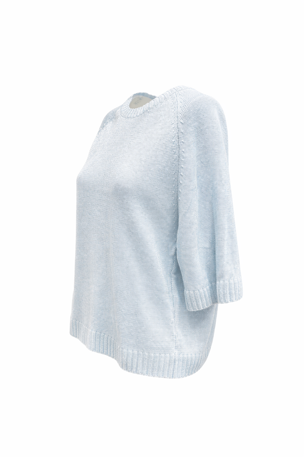 Strickpullover von Handmade mit halblangen Ärmeln und Rundhalsausschnitt in hellblau. Strickoberteil aus Leinen handgefertigt.