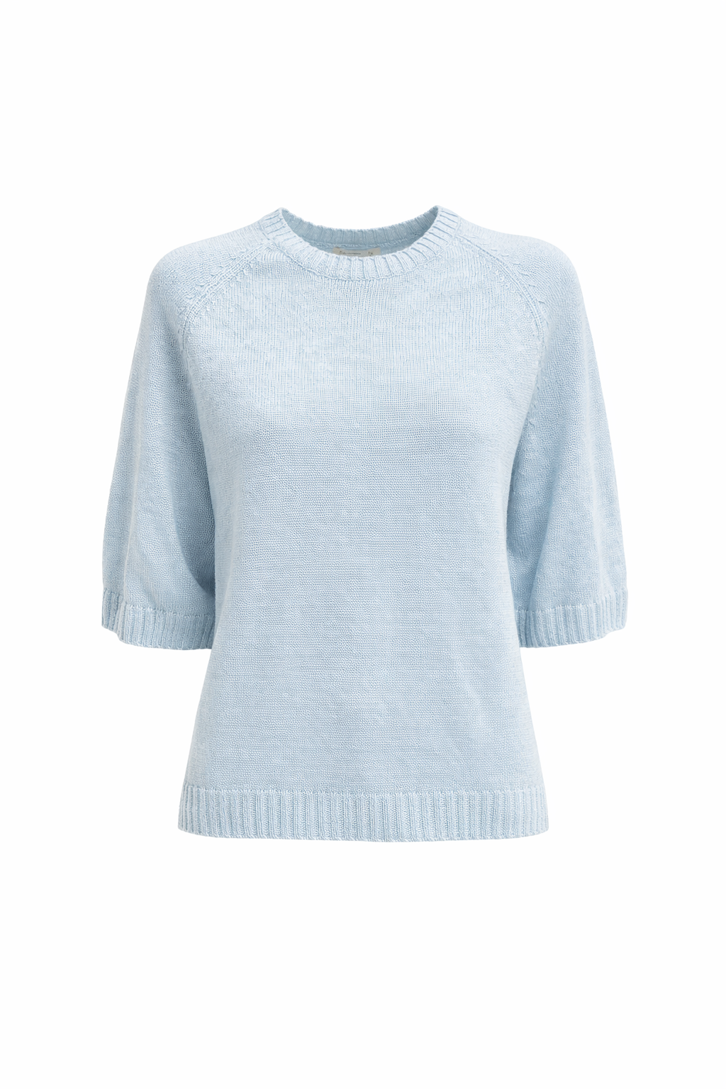 Strickpullover von Handmade mit halblangen Ärmeln und Rundhalsausschnitt in hellblau. Strickoberteil aus Leinen handgefertigt.