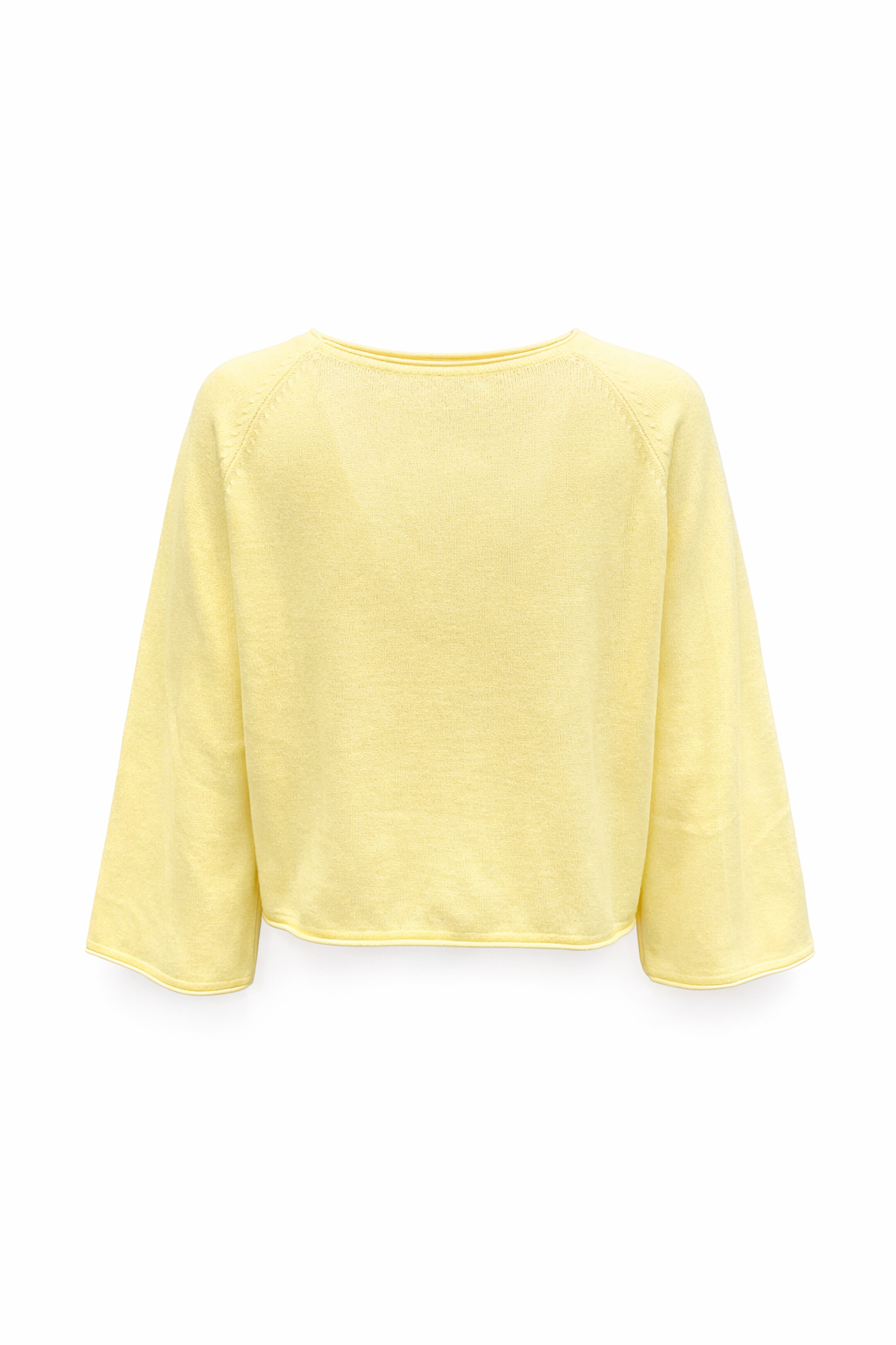 Kaschmir Pullover mit langen, weiten Ärmeln und Rundhalsausschnitt in zartem Gelb aus handgemachtem Strick.