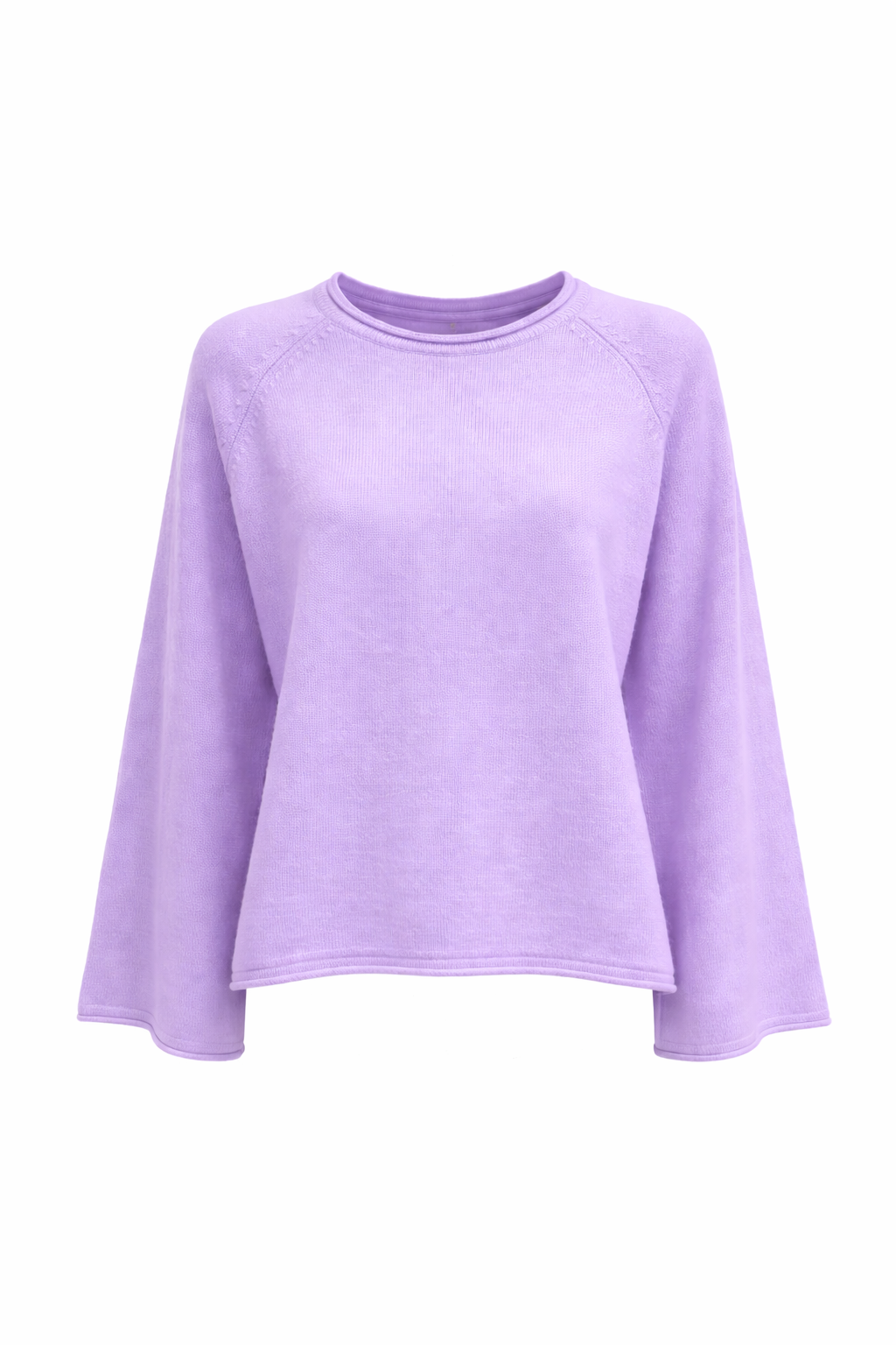 Kaschmir Pullover mit langen, weiten Ärmeln und Rundhalsausschnitt in flieder lila aus handgemachtem Strick.