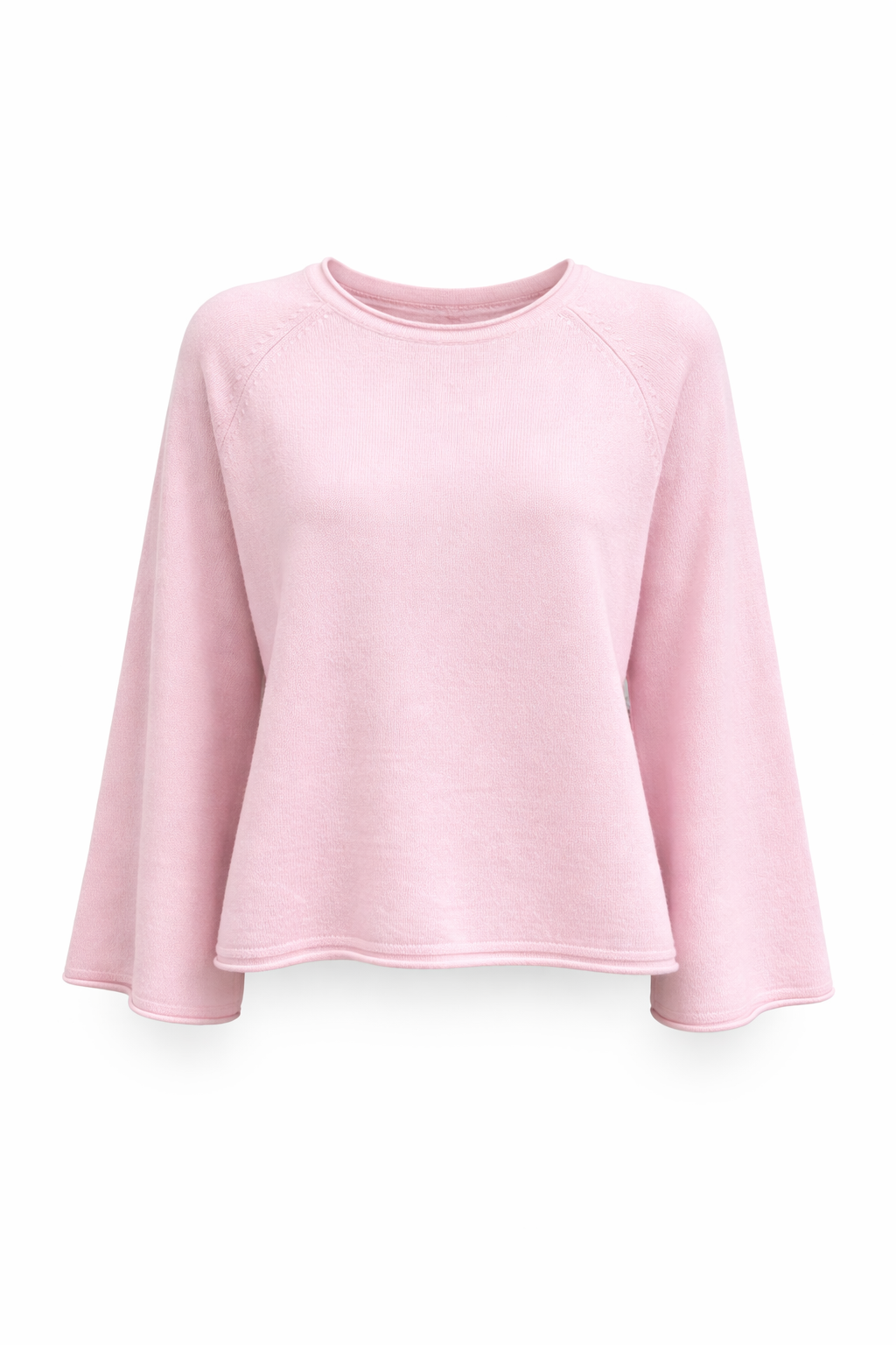 Kaschmir Pullover mit langen, weiten Ärmeln und Rundhalsausschnitt in zartem Rosa aus handgemachtem Strick.