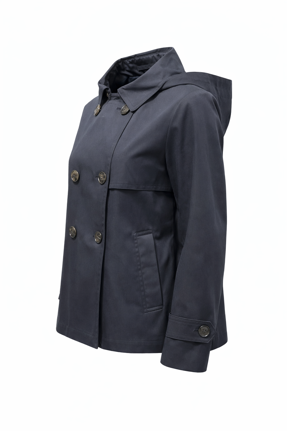 Herno Regenjacke in dunkelblau mit Knöpfen und mit Kapuze für Damen. Die Jacke hat Riegel und Taschen. 