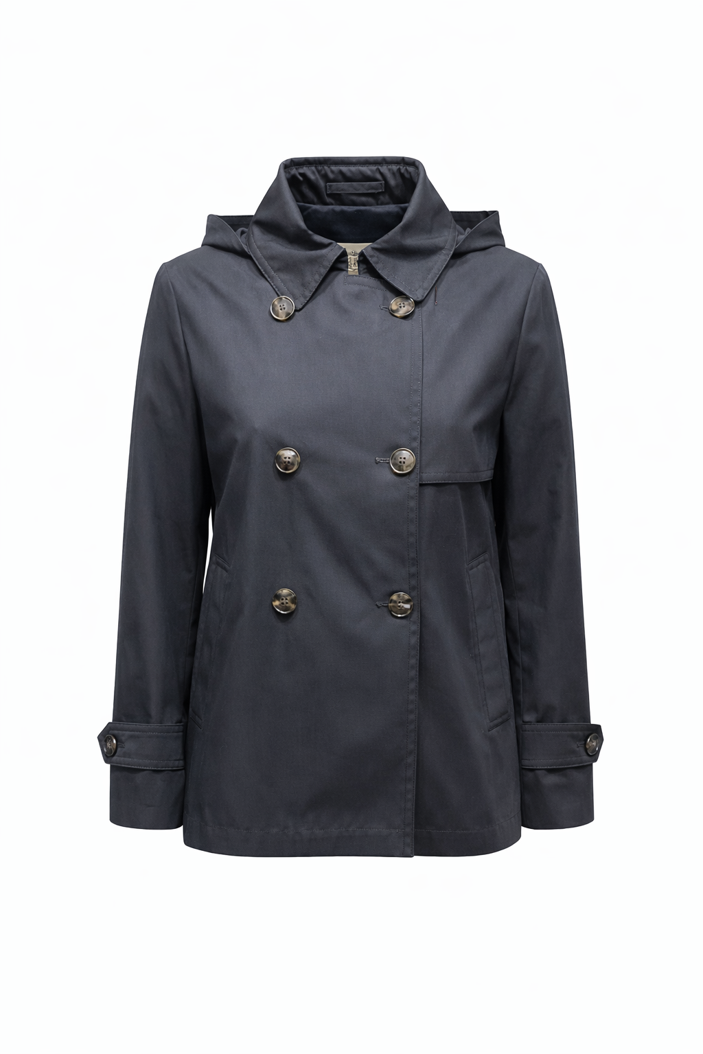 Herno Regenjacke in dunkelblau mit Knöpfen und mit Kapuze für Damen. Die Jacke hat Riegel und Taschen. 