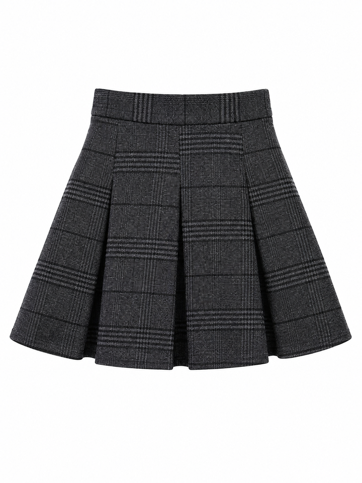 Rock 0039 Italy Tereza Glencheck grau/schwarz. Dieser A-Linien-Rock aus Wolle überzeugt mit seiner femininen Silhouette und einem klassischen Karomuster. Der breite High-Waist-Bund betont die Taille, während die kurze, aber dennoch angenehm tragbare Länge für einen modernen Look sorgt. Geschlossen wird der Rock mit einem Reißverschluss.