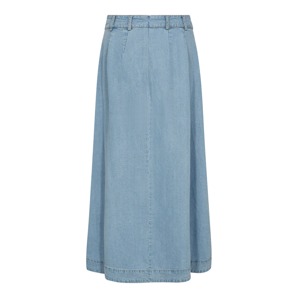 Jeansrock Co'Couture TillyCC Anya Pleat Skirt. Hübscher blauer Jeansrock in blau. Der Rock hat eine leichte und angenehme Ware. Auf der Vorderseite sind Falten eingearbeitet und auf der Rückseite ist der Rock gerade gehalten. Der Rock hat Gürtelschlaufen, Taschen und einen Zip auf der Rückseite.