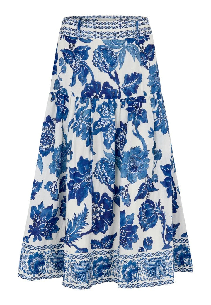 Rock Dea Kudibal mit Blumenprint in blau weiss und Volants in mittlerer Laenge und festem Bund aus Leinen 