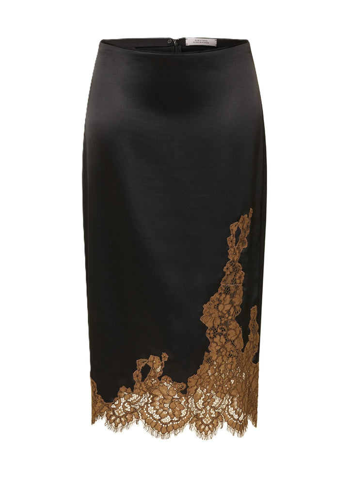 Rock Dorothee Schumacher SHINY STATEMENT skirt in black. Wunderschöner und femininer Satinrock. Der Rock ist schwarz und hat braune Spitzenelemente am Saum. Er ist mittellang und die Haptik leicht und fließend. Auf der Rückseite befindet sich ein Knopf-und Reißverschluss. Der Schnitt ist gerade.
