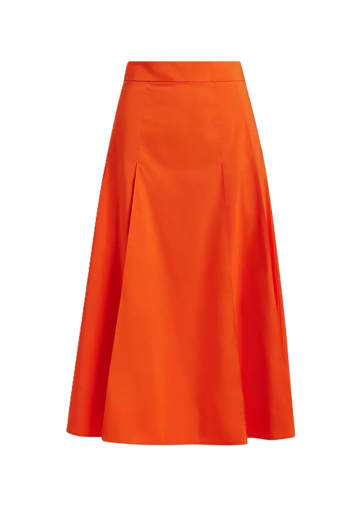 Rock Essentiel Antwerp JAELYN DEEP PLEAT MIDI-SKIRT in orange. Dieser Midirock aus recyceltem Polyestermischgewebe hat eine lockere Passform und eine schmeichelhafte A-Linien. Er verfügt über einen Stoffbund, einen verdeckten Reißverschluss und praktische Schlitztaschen. Der Rock hat eine mittlere Länge und fällt eher kleiner aus. 