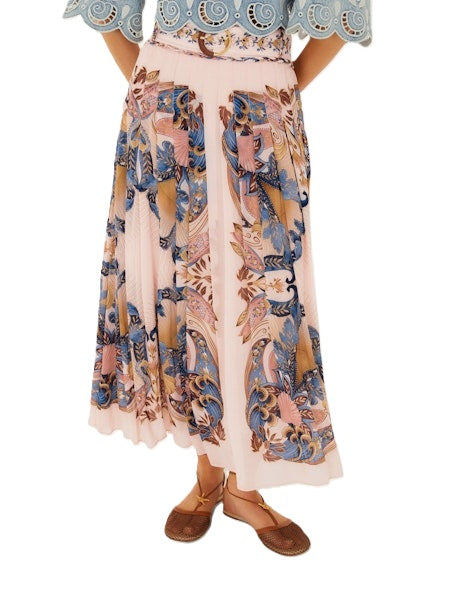 Rock von Farm Rio SEA GARDEN SCARF SOFT PINK MAXI SKIRT im Blumendruck mit Gürtel und mittellang. Der Rock ist in weiche Falten gelegt. Größen xs-l. 