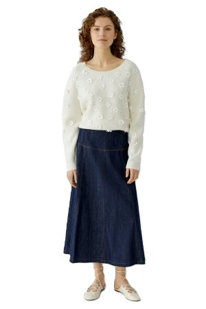 Rock Oui aus leichtem Denim. Mittellanger, leicht ausgestellter Schnitt mit gestitchtem Sattel und seitlichen Riegeln in Trensenoptik. Reißverschluss hinten. Weiche Materialqualität aus Baumwolle und Polyester.